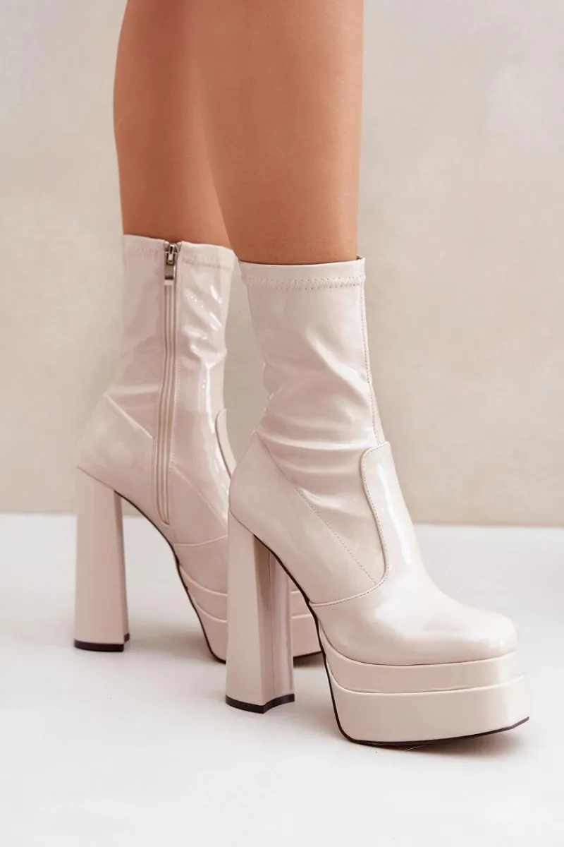 New Boto Lakierowane Botki Na Platformie I Wysokim Słupku Beżowe Lotisha Beżowy