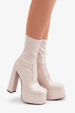 New Boto Lakierowane Botki Na Platformie I Wysokim Słupku Beżowe Lotisha Beżowy