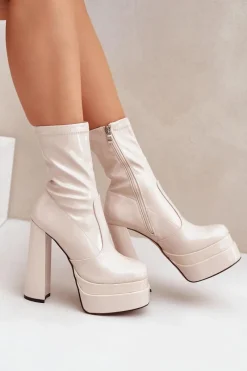 New Boto Lakierowane Botki Na Platformie I Wysokim Słupku Beżowe Lotisha Beżowy
