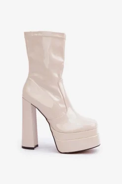 New Boto Lakierowane Botki Na Platformie I Wysokim Słupku Beżowe Lotisha Beżowy