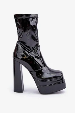 Outlet Lakierowane Botki Na Platformie I Wysokim Słupku Czarne Lotisha Damskie Botki Ocieplane|Botki Na Słupku