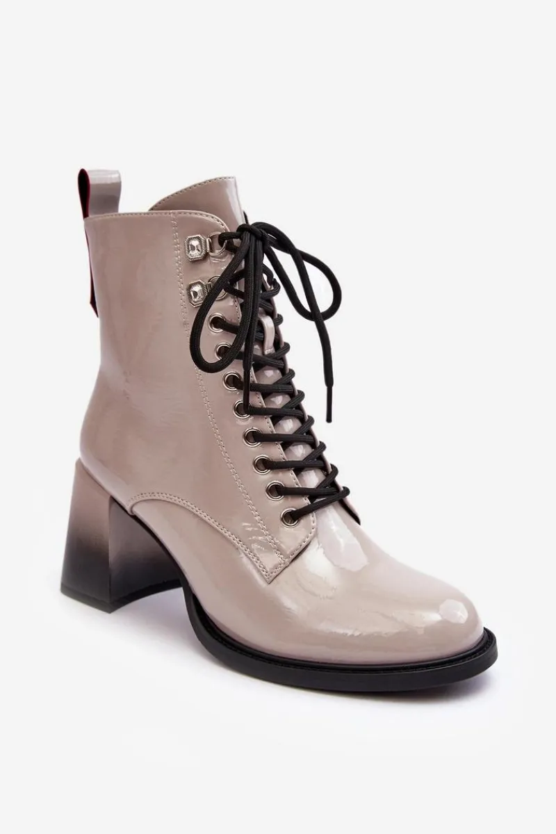 Botki Sznurowane|Botki Na Słupku>Damskie buty S.Barski Lakierowane Botki Na Słupku Sznurowane D&A MR870-06 Jasnoszare