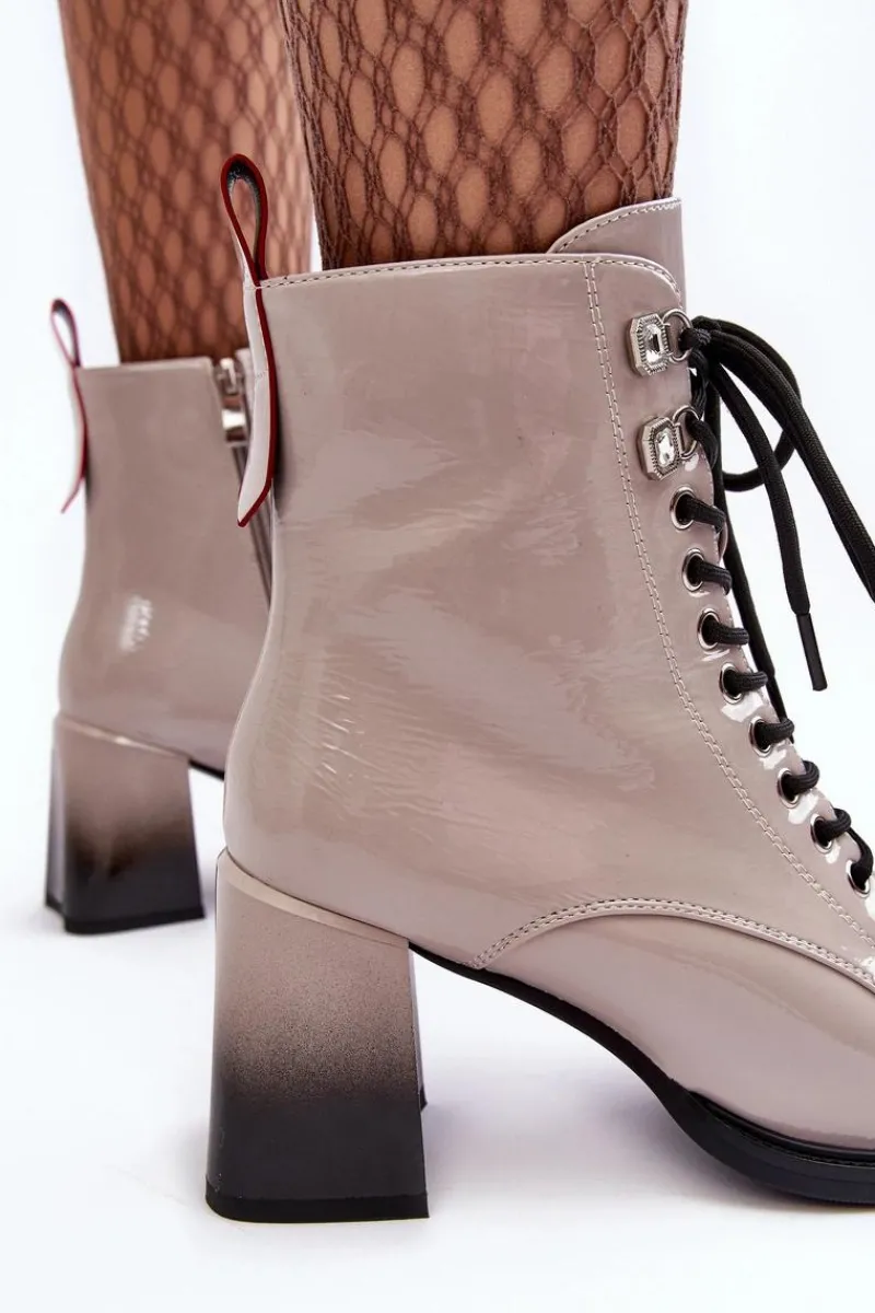 Botki Sznurowane|Botki Na Słupku>Damskie buty S.Barski Lakierowane Botki Na Słupku Sznurowane D&A MR870-06 Jasnoszare