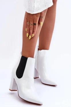 Sale Lakierowane Botki Na Słupku Białe Evita Damskie Botki Na Słupku|Botki Zimowe Damskie