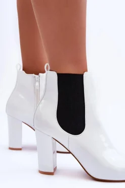 Sale Lakierowane Botki Na Słupku Białe Evita Damskie Botki Na Słupku|Botki Zimowe Damskie