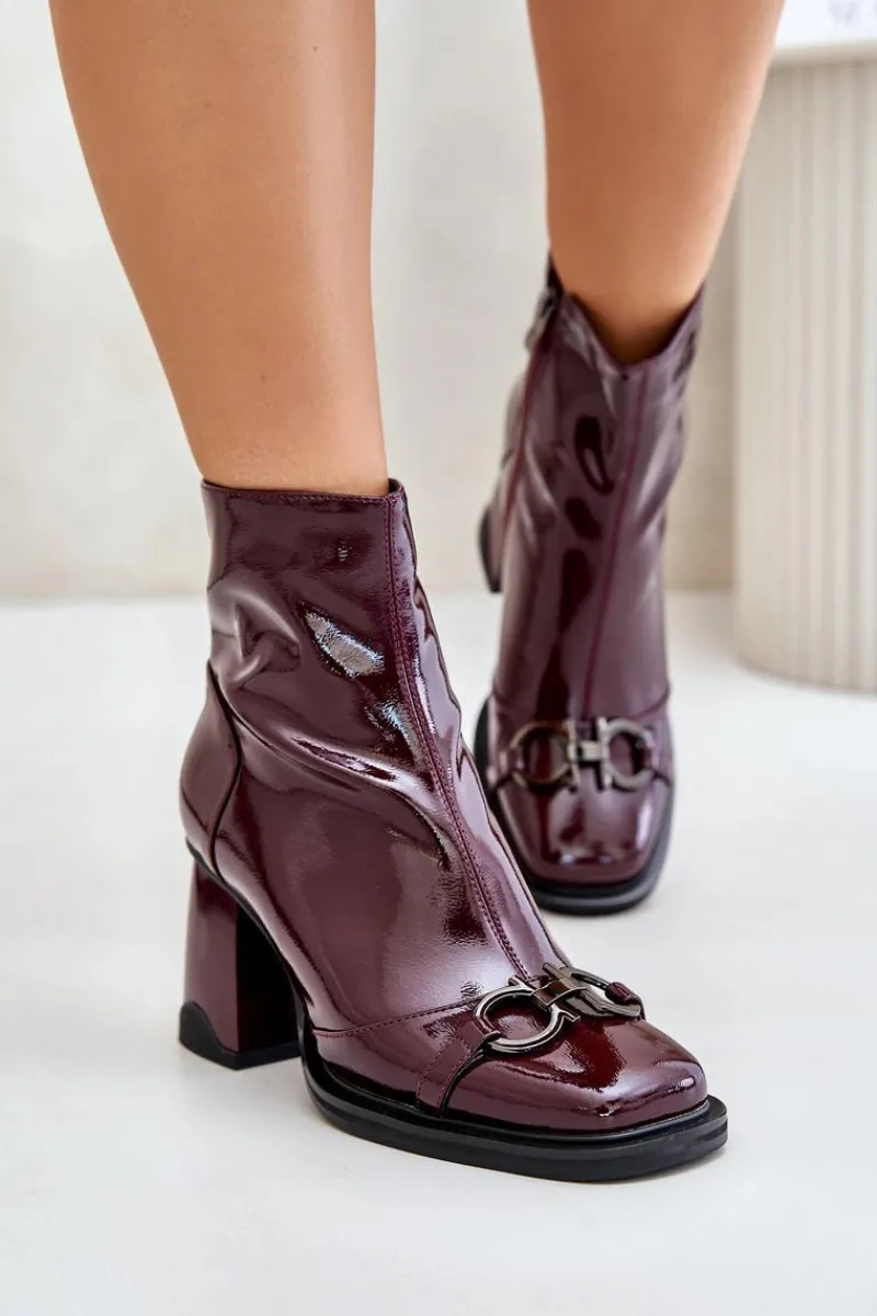 Outlet Lakierowane Botki Na Słupku Ocieplane Z Ozdobą D&A MR880-021 Bordowe Damskie Botki Na Obcasie