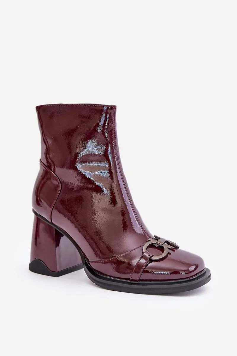 Outlet Lakierowane Botki Na Słupku Ocieplane Z Ozdobą D&A MR880-021 Bordowe Damskie Botki Na Obcasie