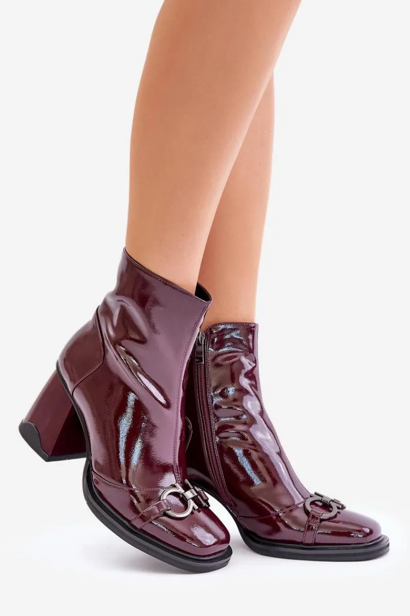 Outlet Lakierowane Botki Na Słupku Ocieplane Z Ozdobą D&A MR880-021 Bordowe Damskie Botki Na Obcasie