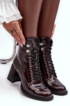 Hot Damskie buty S.Barski Lakierowane Botki Na Słupku Sznurowane Bordowe S.Barski MR870-06