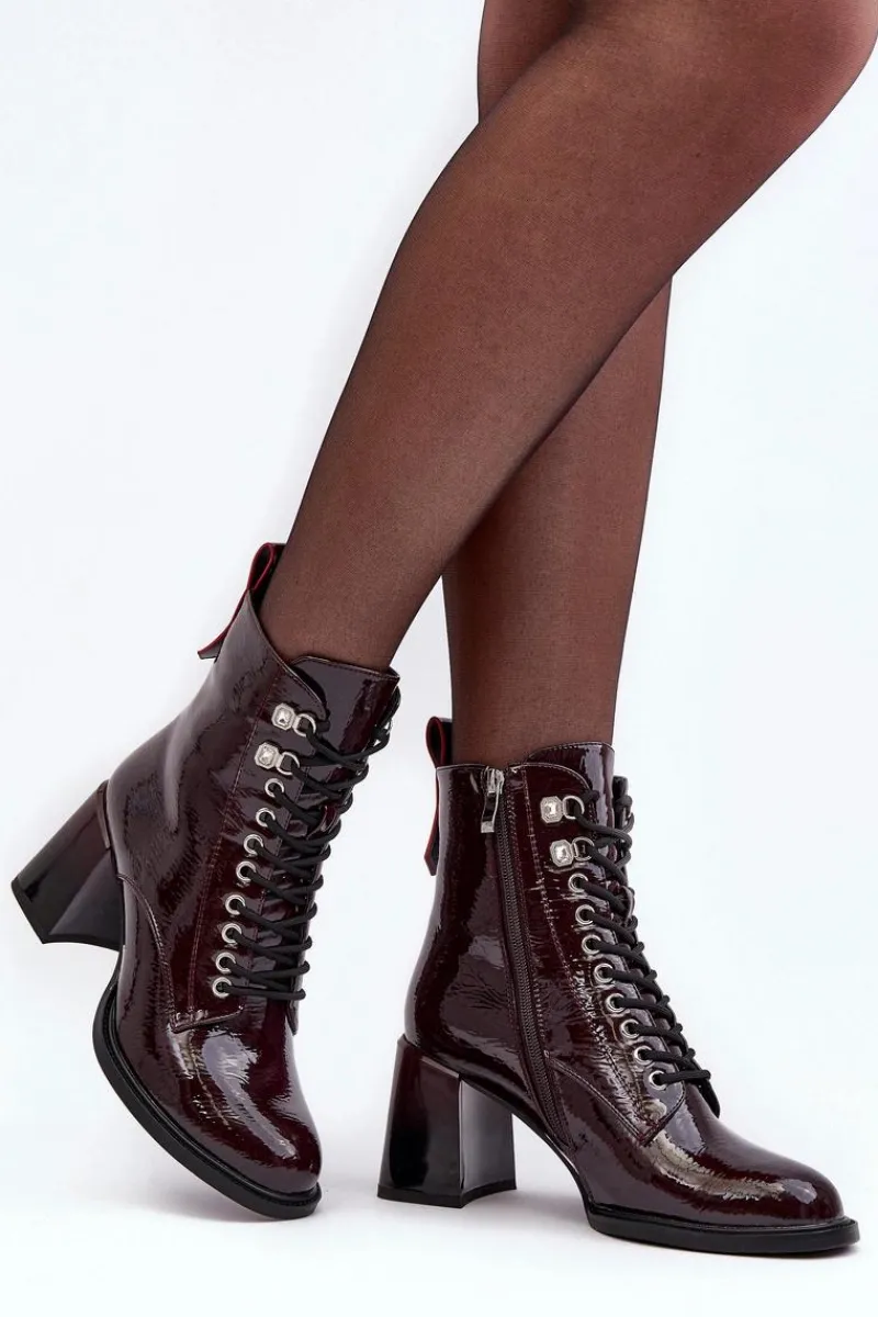 Hot Damskie buty S.Barski Lakierowane Botki Na Słupku Sznurowane Bordowe S.Barski MR870-06