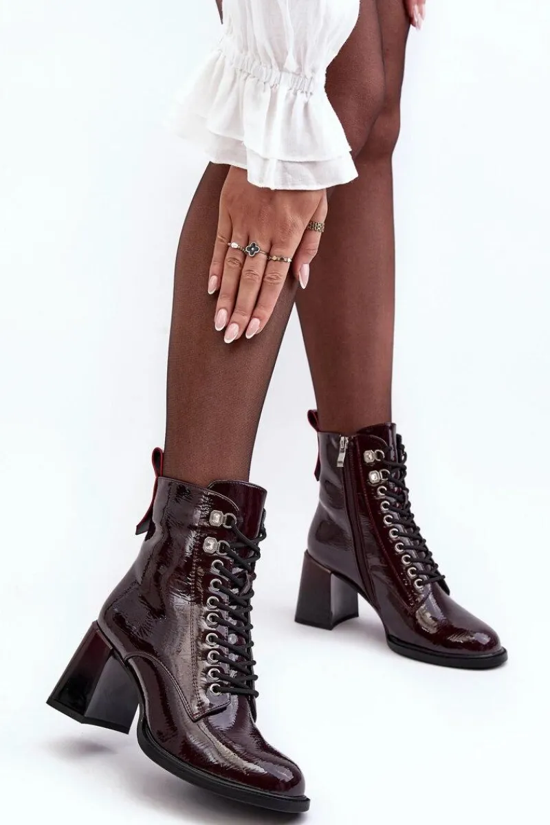 Hot Damskie buty S.Barski Lakierowane Botki Na Słupku Sznurowane Bordowe S.Barski MR870-06