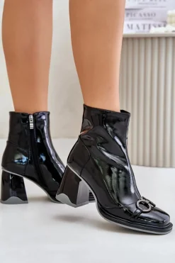 Botki Ocieplane|Botki Na Obcasie>Damskie buty S.Barski Lakierowane Botki Na Słupku Ocieplane Z Ozdobą D&A MR880-021 Czarne Czarny