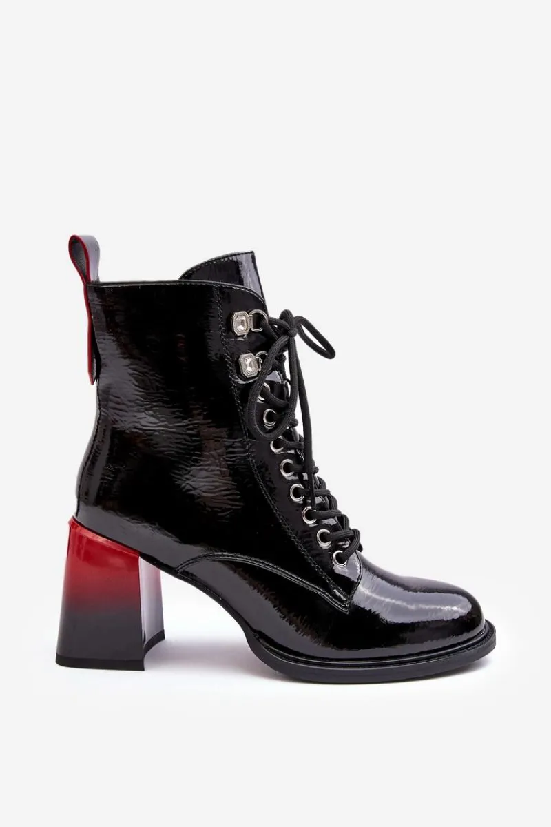 Discount Damskie buty S.Barski Lakierowane Botki Na Słupku Sznurowane D&A MR870-06 Czarne
