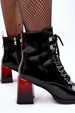 Discount Damskie buty S.Barski Lakierowane Botki Na Słupku Sznurowane D&A MR870-06 Czarne