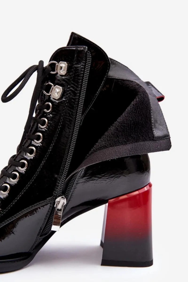 Discount Damskie buty S.Barski Lakierowane Botki Na Słupku Sznurowane D&A MR870-06 Czarne
