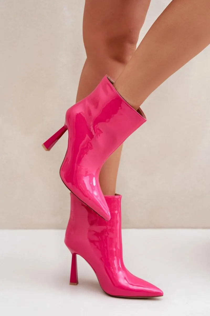 Hot Lakierowane Botki Na Szpice Wsuwane Fuksja Seliri Damskie Botki Ocieplane|Botki Na Obcasie