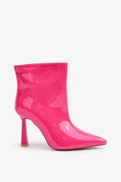Hot Lakierowane Botki Na Szpice Wsuwane Fuksja Seliri Damskie Botki Ocieplane|Botki Na Obcasie