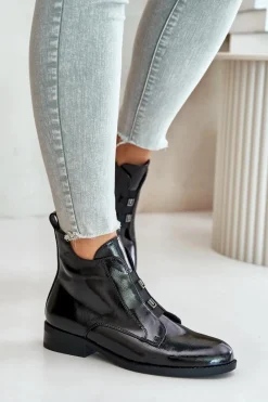 Lakierowane Botki Na Zamek Ocieplane Płaski Obcas S.Barski HY42-717 Czarne Damskie Botki Ocieplane|Czarne Botki