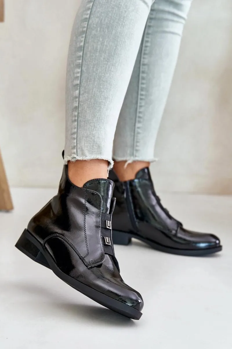 Lakierowane Botki Na Zamek Ocieplane Płaski Obcas S.Barski HY42-717 Czarne Damskie Botki Ocieplane|Czarne Botki