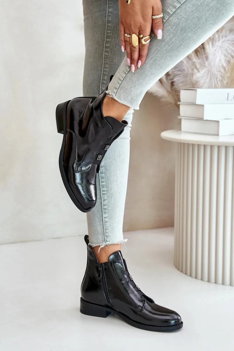 Lakierowane Botki Na Zamek Ocieplane Płaski Obcas S.Barski HY42-717 Czarne Damskie Botki Ocieplane|Czarne Botki