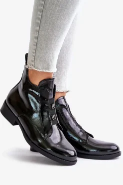 Lakierowane Botki Na Zamek Ocieplane Płaski Obcas S.Barski HY42-717 Czarne Damskie Botki Ocieplane|Czarne Botki