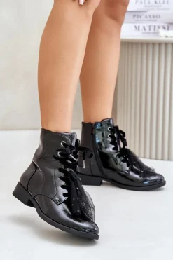 New Damskie buty S.Barski Lakierowane Botki Ocieplane Na Zamek S.Barski HY42-991 Czarne