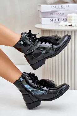 New Damskie buty S.Barski Lakierowane Botki Ocieplane Na Zamek S.Barski HY42-991 Czarne