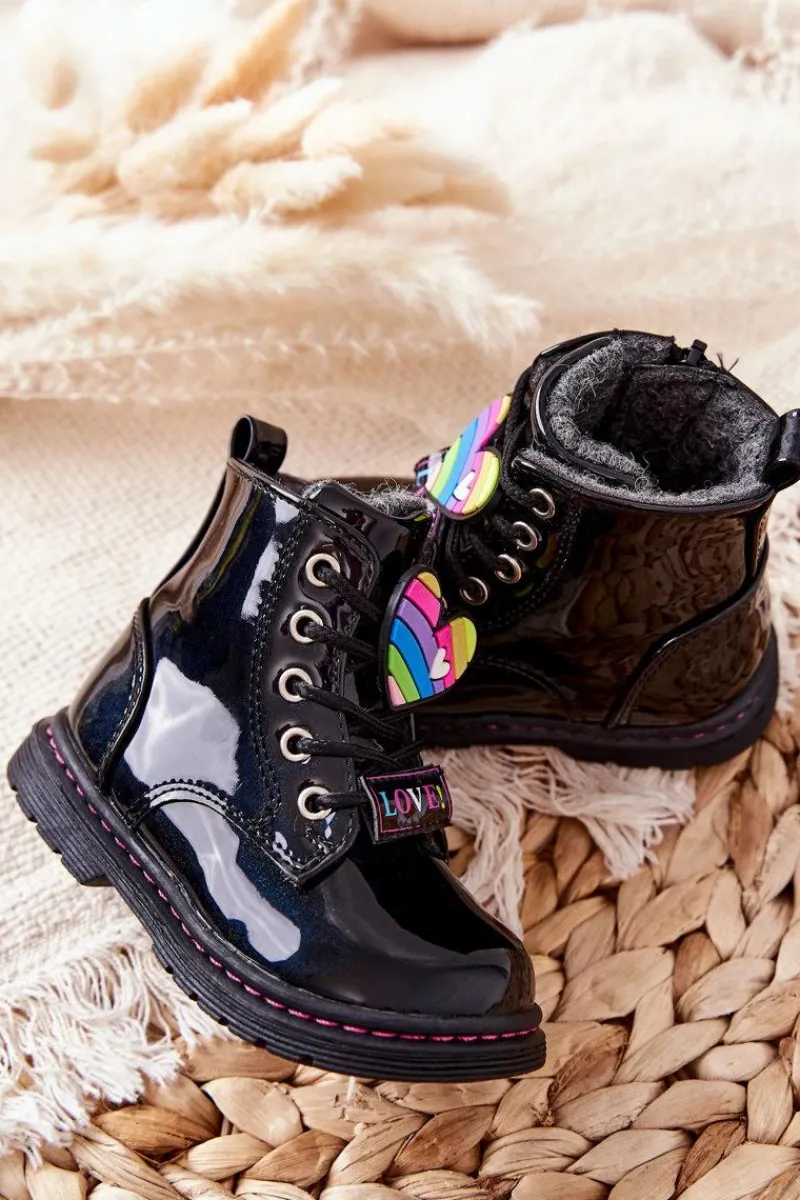 Evento Lakierowane Botki Ocieplane Wełną Czarne Anlon