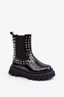 Dziewczęce>Boto Lakierowane Botki Sztyblety Dziewczęce Zdobione Dżetami Czarne Adelie