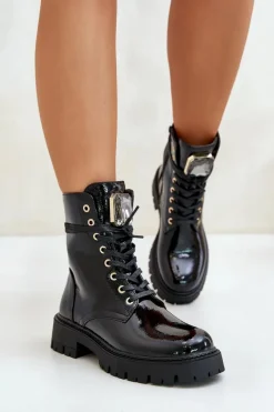 Best Boto Lakierowane Botki Workery Ocieplane Z Ozdobą Czarne Depisa