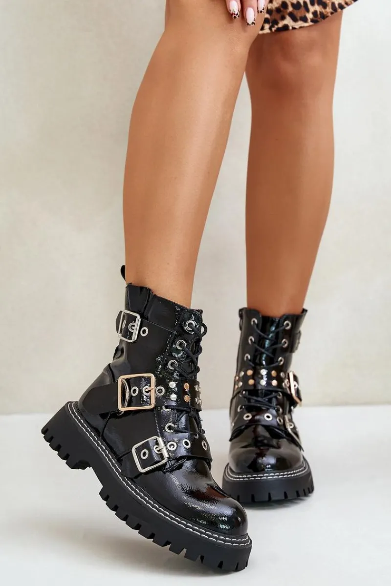 Lakierowane Botki Workery Z Klamrami Czarne Serizia Damskie Botki Sznurowane|Botki Płaskie