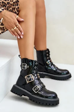 Lakierowane Botki Workery Z Klamrami Czarne Serizia Damskie Botki Sznurowane|Botki Płaskie