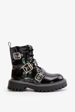 Lakierowane Botki Workery Z Klamrami Czarne Serizia Damskie Botki Sznurowane|Botki Płaskie