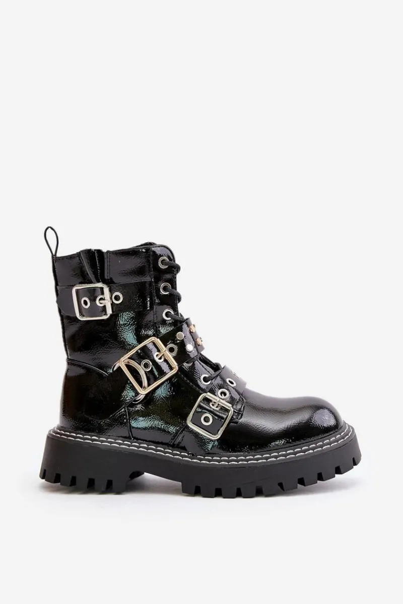 Lakierowane Botki Workery Z Klamrami Czarne Serizia Damskie Botki Sznurowane|Botki Płaskie