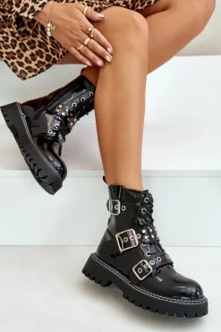 Lakierowane Botki Workery Z Klamrami Czarne Serizia Damskie Botki Sznurowane|Botki Płaskie