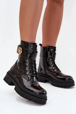 Botki Ocieplane|Botki Sznurowane>Boto Lakierowane Botki Workery Damskie Ze Złotym Detalem Ocieplane Czarne Fiorena Czarny