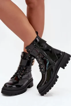 Botki Ocieplane|Botki Sznurowane>Boto Lakierowane Botki Workery Damskie Ze Złotym Detalem Ocieplane Czarne Fiorena Czarny