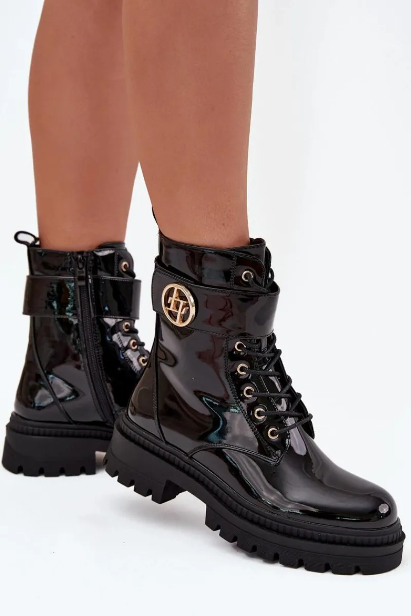 Botki Ocieplane|Botki Sznurowane>Boto Lakierowane Botki Workery Damskie Ze Złotym Detalem Ocieplane Czarne Fiorena Czarny