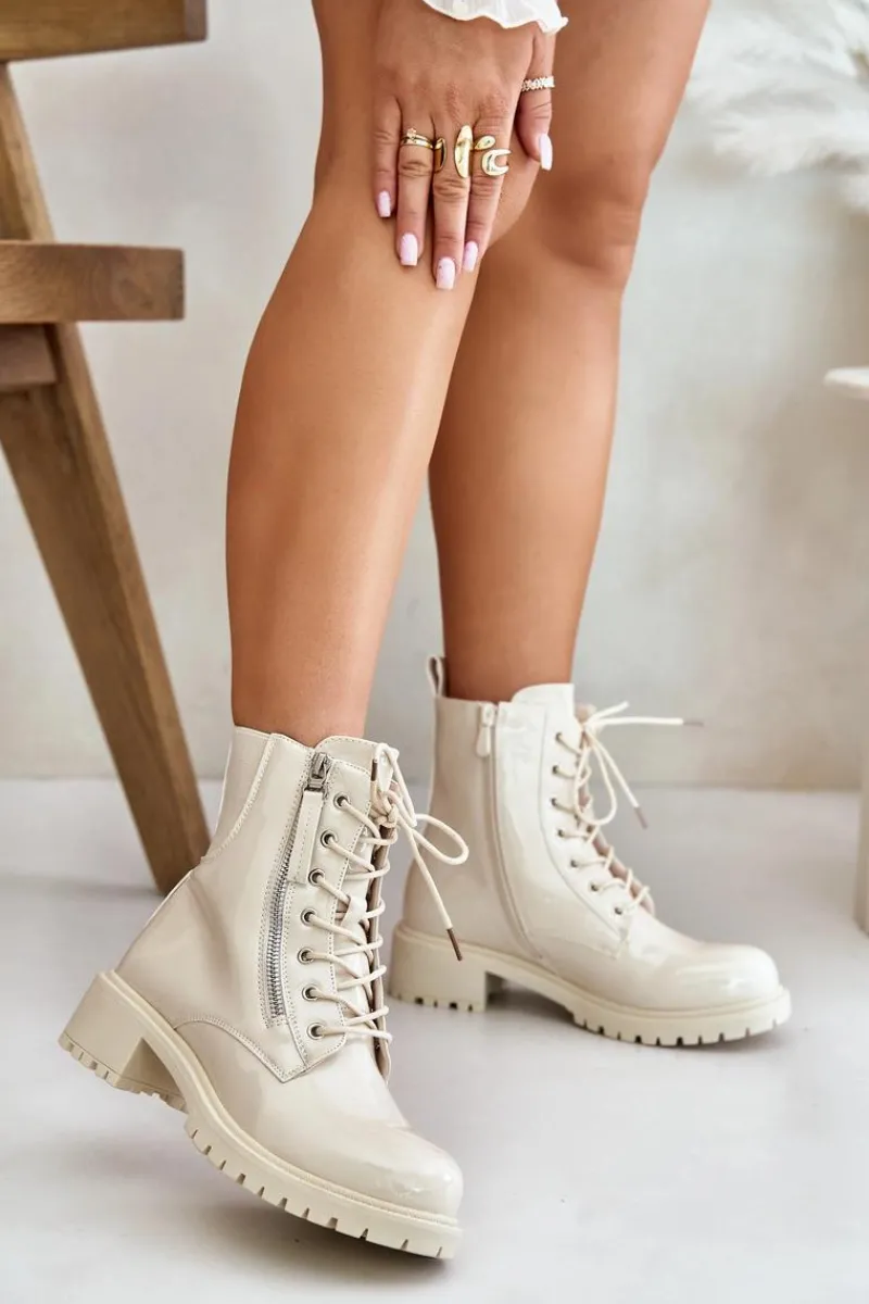 Best Lakierowane Botki Workery Na Zamek Ocieplane Beżowe Ravanthia Damskie Botki Sznurowane|Botki Płaskie