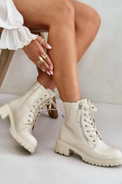 Best Lakierowane Botki Workery Na Zamek Ocieplane Beżowe Ravanthia Damskie Botki Sznurowane|Botki Płaskie