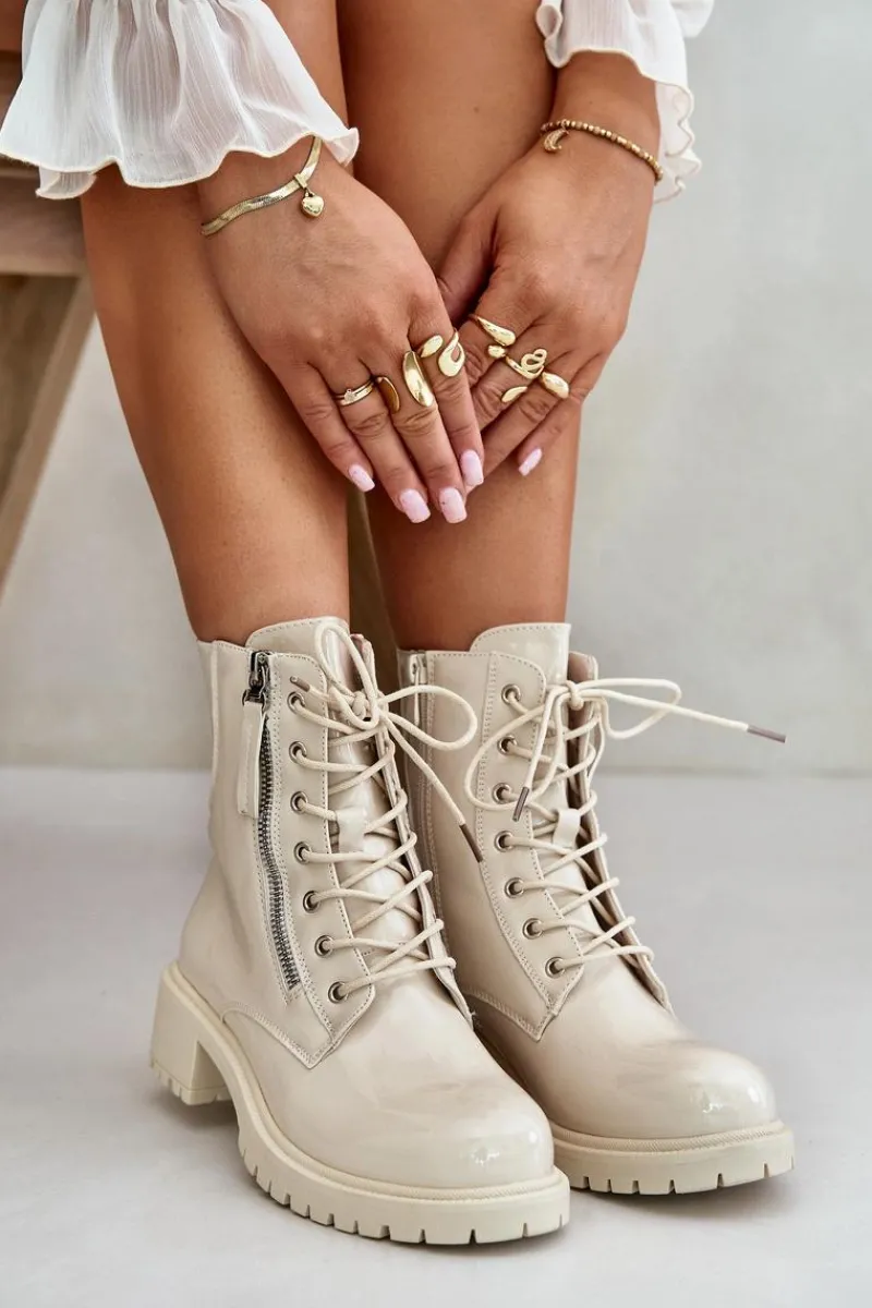Best Lakierowane Botki Workery Na Zamek Ocieplane Beżowe Ravanthia Damskie Botki Sznurowane|Botki Płaskie