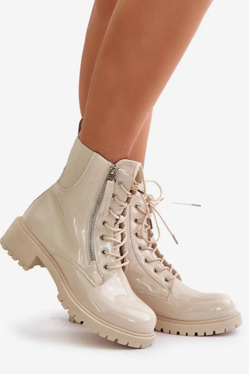 Best Lakierowane Botki Workery Na Zamek Ocieplane Beżowe Ravanthia Damskie Botki Sznurowane|Botki Płaskie