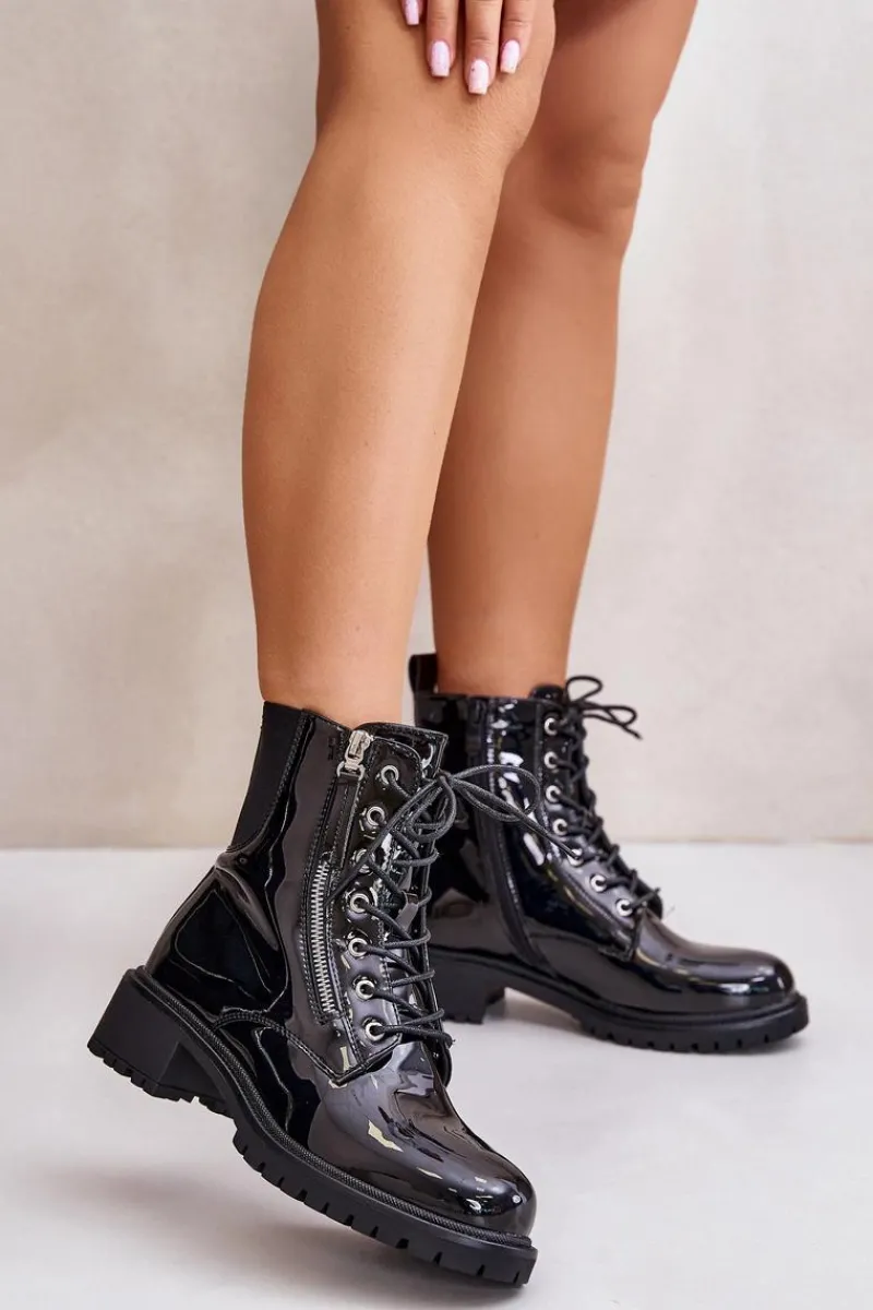 Outlet Boto Lakierowane Botki Workery Na Zamek Ocieplane Czarne Ravanthia