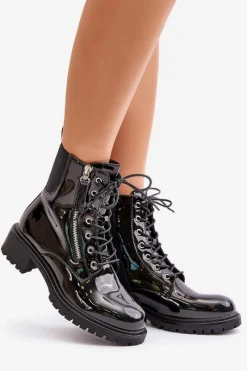 Outlet Boto Lakierowane Botki Workery Na Zamek Ocieplane Czarne Ravanthia