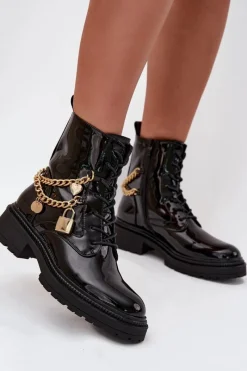 New Lakierowane Botki Workery Damskie Ze Złotym Łańcuchem Ocieplane Czarne Sarinae Damskie Botki Ocieplane|Botki Sznurowane