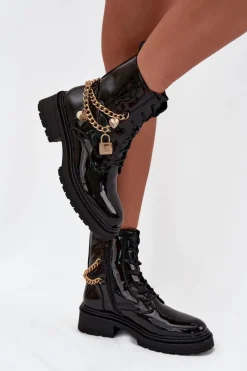 New Lakierowane Botki Workery Damskie Ze Złotym Łańcuchem Ocieplane Czarne Sarinae Damskie Botki Ocieplane|Botki Sznurowane