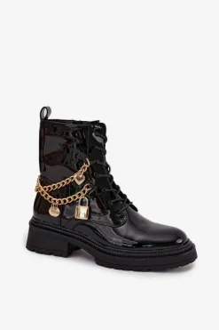 New Lakierowane Botki Workery Damskie Ze Złotym Łańcuchem Ocieplane Czarne Sarinae Damskie Botki Ocieplane|Botki Sznurowane