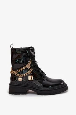 New Lakierowane Botki Workery Damskie Ze Złotym Łańcuchem Ocieplane Czarne Sarinae Damskie Botki Ocieplane|Botki Sznurowane