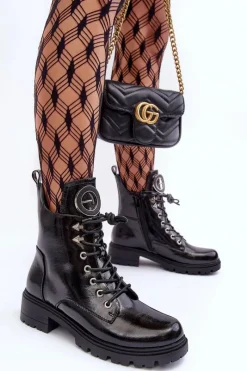 Discount Lakierowane Botki Workery Z Ozdobą Czarne Emmber Damskie Botki Płaskie|Botki Workery