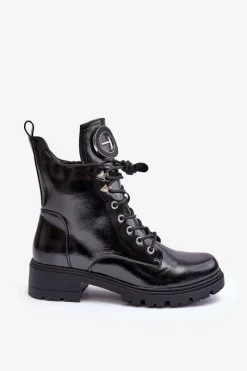 Discount Lakierowane Botki Workery Z Ozdobą Czarne Emmber Damskie Botki Płaskie|Botki Workery